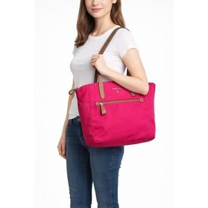 MICHAEL KORS Nylon‎ Tote Bag Hot Pink Shoulder Tote Zip Top Gold Hardware